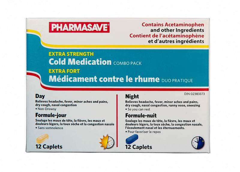 Pharmasave Cold Medication Extra Strength Daytime & Nighttime Relief - 12 Daytime/ 12 Nighttime Caplets - Simpsons Pharmacy