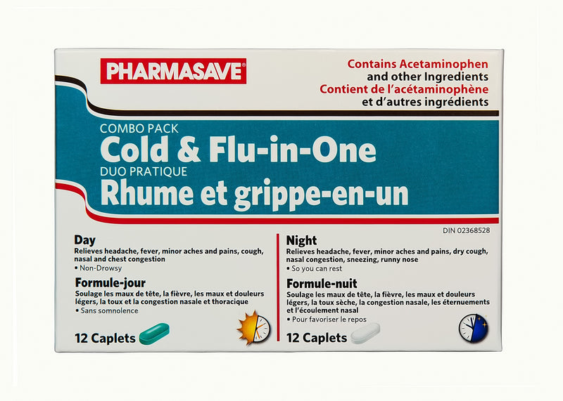 Pharmasave Cold & Flu-in-One Combo Pack - 12 Daytime/ 12 Nighttime Caplets - Simpsons Pharmacy