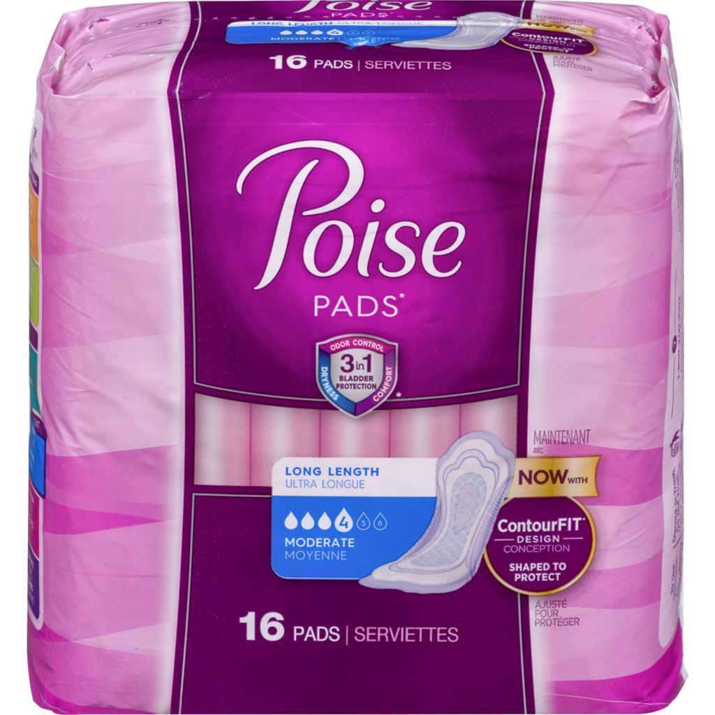 POISE PADS, MODERATE, LONG, 16's