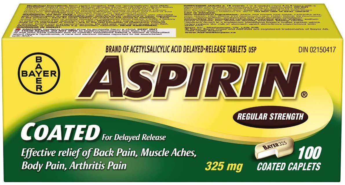 Aspirin Coated Regular Strength 325mg Pain Relief 100 Coated Caplets