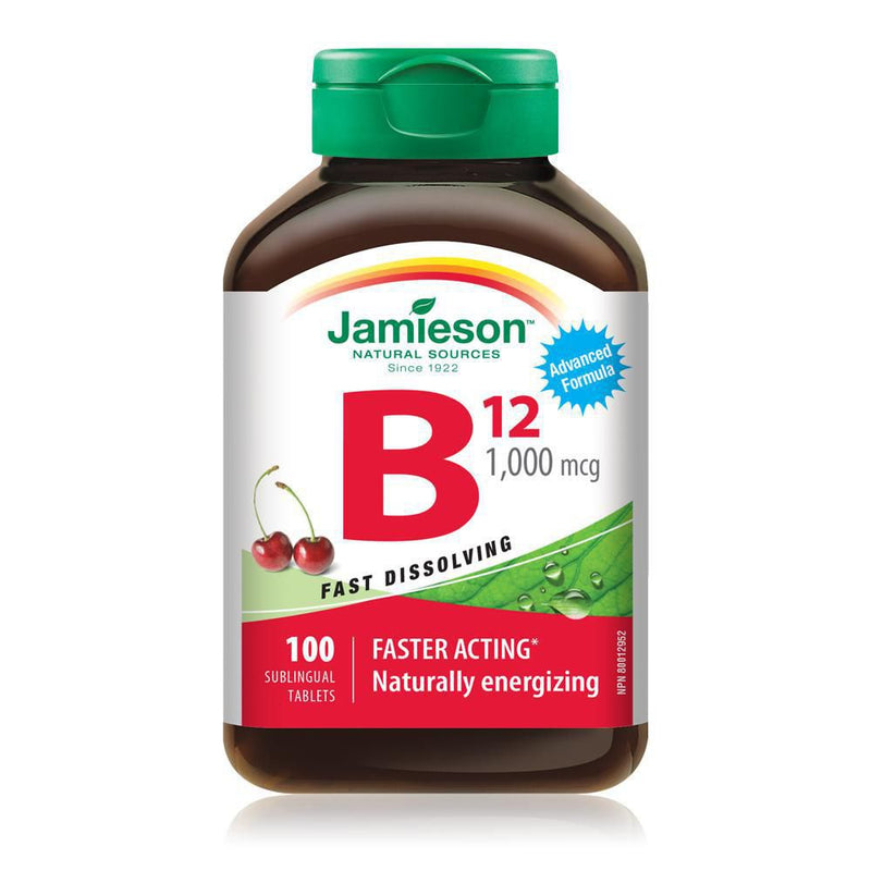Jamieson Natural Sources Vitamin B12 1000mcg Cherry Flavour Fast Dissolving Sublingual Tablets- 100 Tablets - Simpsons Pharmacy