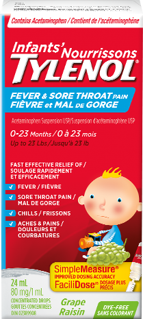 Infant's Tylenol Fever & Sore Throat Pain Relief Grape Flavour Syrup - 24mL - Simpsons Pharmacy