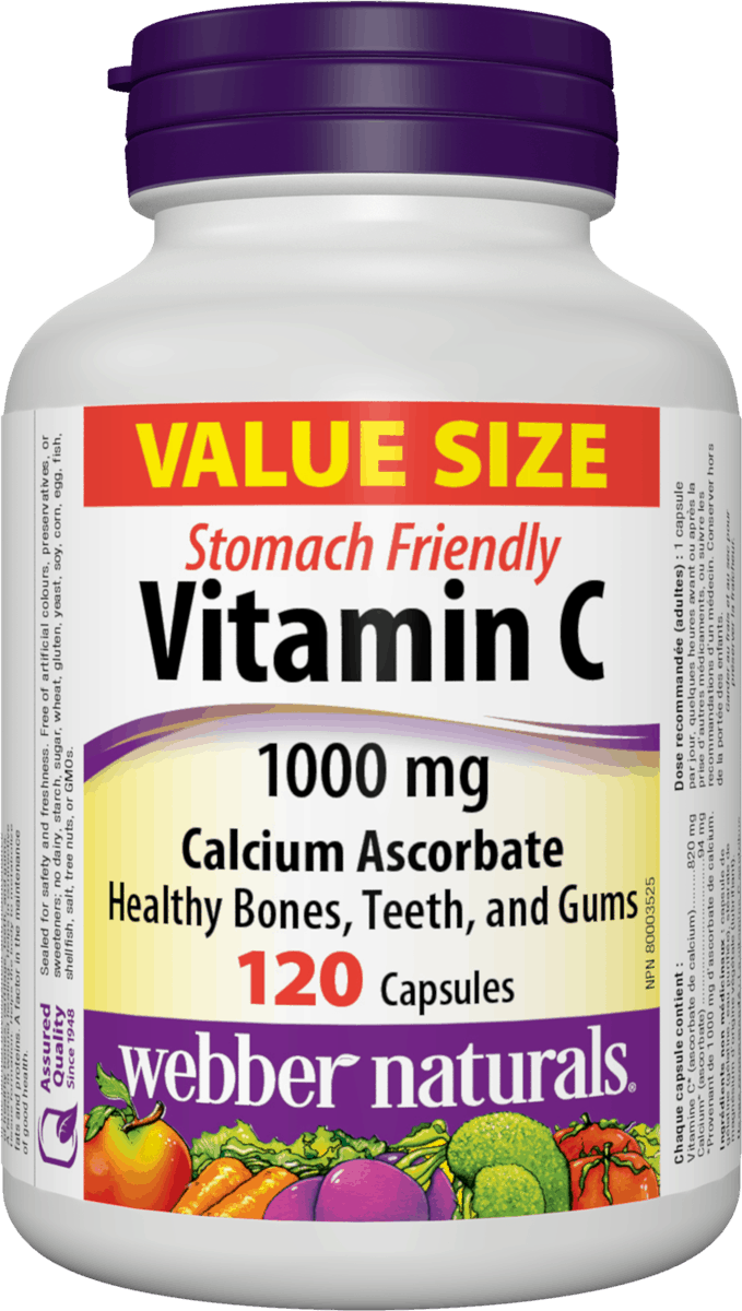Webber Naturals Stomach Friendly Vitamin C 1000mg Calcium Ascorbate - 120 Capsules - Simpsons Pharmacy