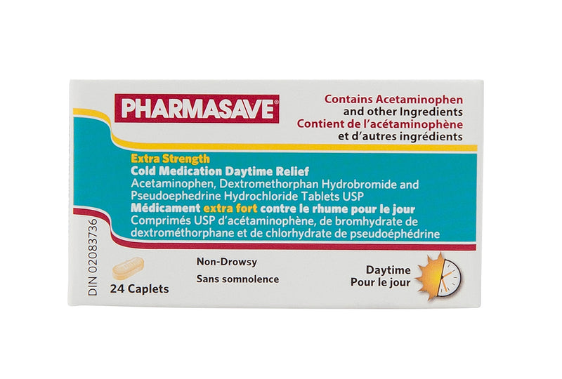 Pharmasave Cold Medication Extra Strength Daytime Relief - 24 Caplets - Simpsons Pharmacy