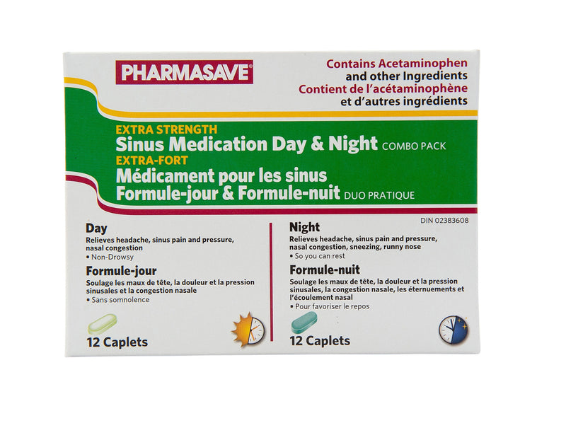 Pharmasave Extra Strength Sinus Medication Day/Night Combo Pack - 12 Daytime/ 12 Nighttime Caplets - Simpsons Pharmacy