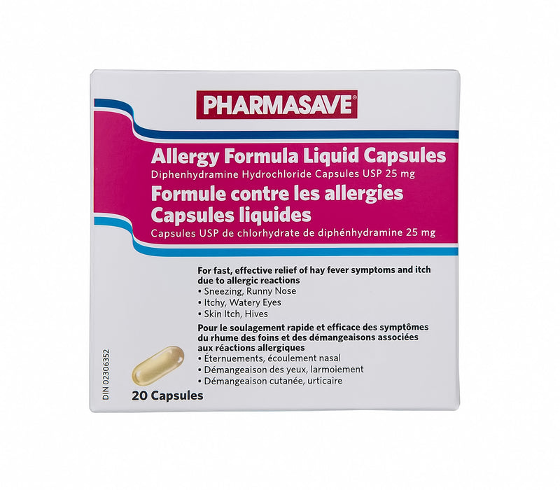 Pharmasave Allergy Relief Formula 25mg - 20 Liquid Capsules - Simpsons Pharmacy