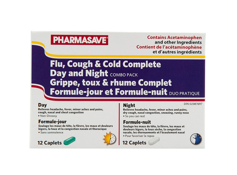 Pharmasave Flu, Cough & Cold Complete Day/Night Combo Pack -  12 Daytime/ 12 nighttime Caplets - Simpsons Pharmacy