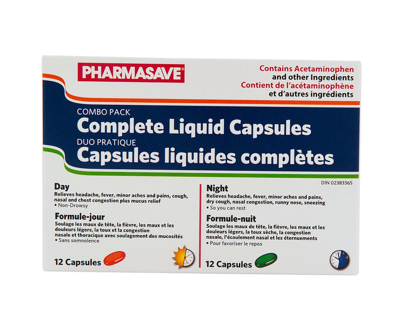 Pharmasave Complete Liquid Capsules Combo Pack - 12 Daytime/  Nighttime Capsules - Simpsons Pharmacy