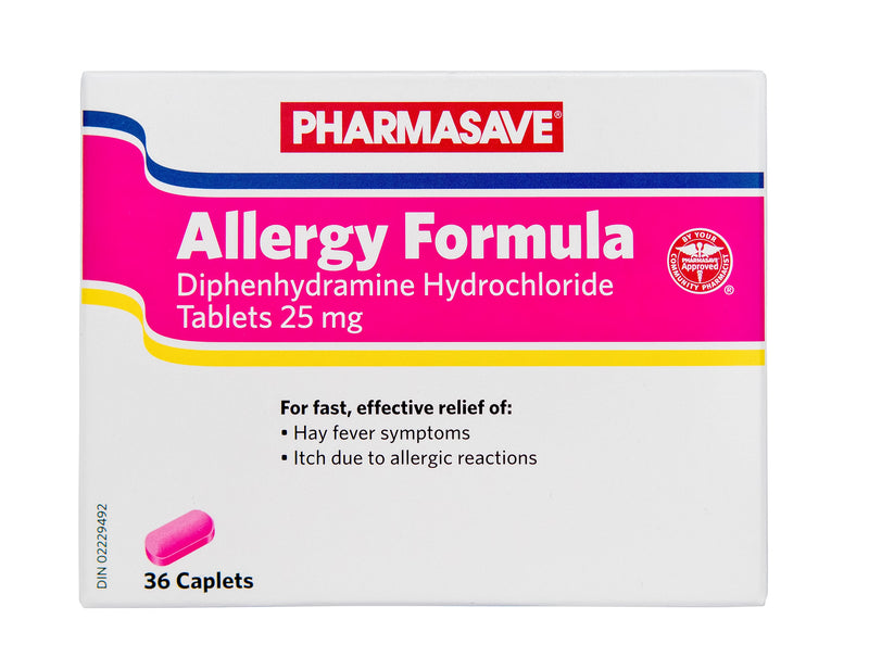Pharmasave Allergy Relief Formula 25mg - 36 Caplets - Simpsons Pharmacy
