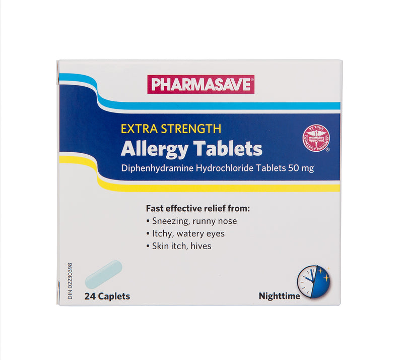 Pharmasave Extra Strength Allergy Relief 50mg Nighttime Tablets - 24 Caplets - Simpsons Pharmacy