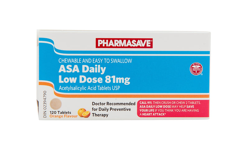 Pharmasave Low Dose ASA 81mg Orange Flavour - 120 Chewable Tablets - Simpsons Pharmacy
