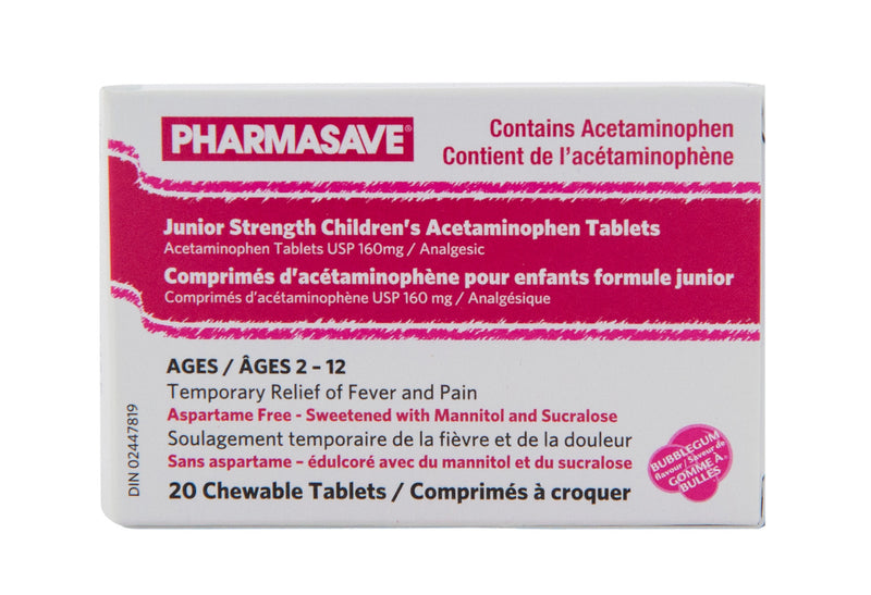Pharmasave Junior Strength Acetaminophen Bubblegum Chewable 160mg - Simpsons Pharmacy