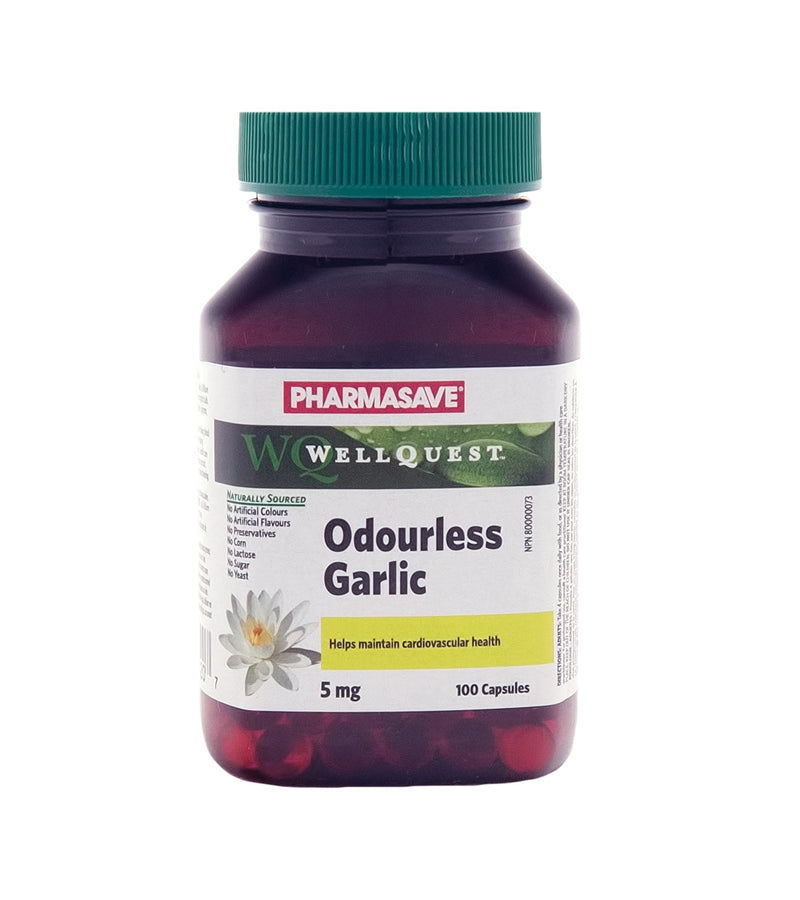 Pharmasave WellQuest Odourless Garlic 5mg* Capsules *5mg=500mg of fresh garlic bulb - Simpsons Pharmacy