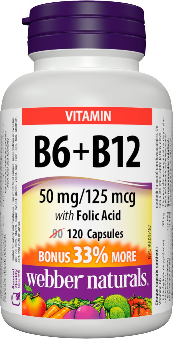 Webber Naturals Vitamin B6+B12 50mg/125mcg with Folic Acid - 120 Capsules - Simpsons Pharmacy