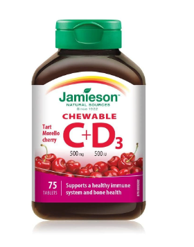 Jamieson Natural Sources Chewable C 500mg + D3 500 IU Tart Morello Cherry Flavour - 75 Tablets - Simpsons Pharmacy