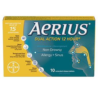 Aerius Dual Action 12 Hour Non-Drowsy Allergy + Sinus Relief - 10 Tablets - Simpsons Pharmacy