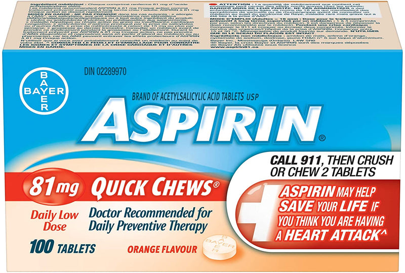 Aspirin Daily Low Dose 81mg Orange Flavour - 100 Chewable Tablets - Simpsons Pharmacy