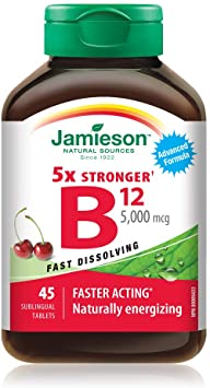 Jamieson Natural Sources Vitamin B12 5000mcg Cherry Flavour - 45 Sublingual Tablets - Simpsons Pharmacy