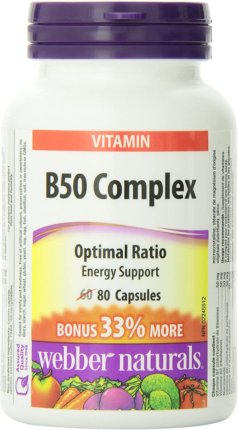 Webber Naturals Vitamin B50 Complex Optimal Ratio Energy Support - 80 Capsules - Simpsons Pharmacy