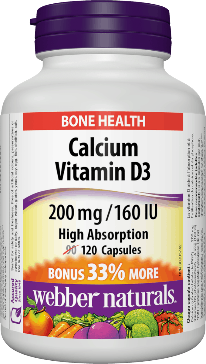 Webber Naturals Calcium Vitamin D3 200mg/160mg Bone Health High Absorption - 120 Capsules - Simpsons Pharmacy