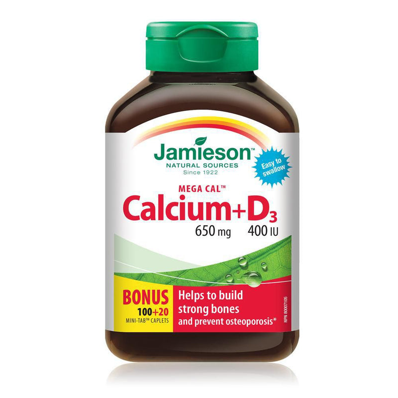 Jamieson Natural Sources Mega Cal Calcium 650mg + D3 400 IU - 120 Caplets - Simpsons Pharmacy