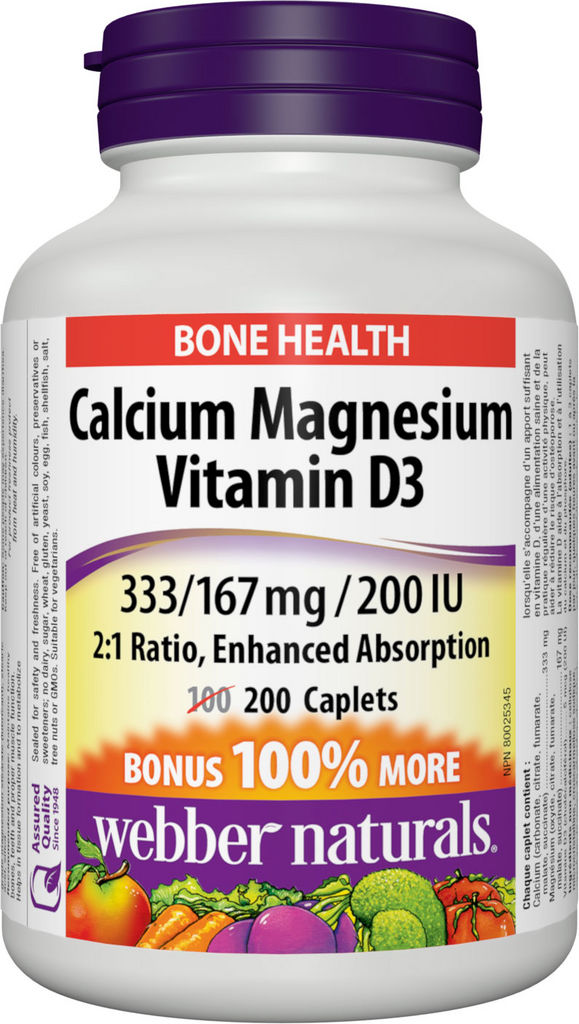 WebbeNaturals Calcium Magnesium Vitamin D3 333/167mg/200 IU 2:1 Ratio Enhanced Absorption - 200 Capsules - Simpsons Pharmacy