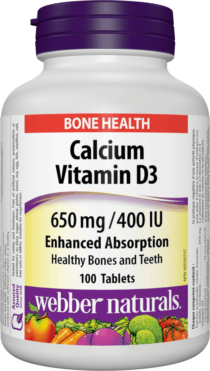 Webber Naturals Calcium Vitamin D3 650mg/ 400 IU Enhanced Absorption Bone Health - 100 Tablets - Simpsons Pharmacy