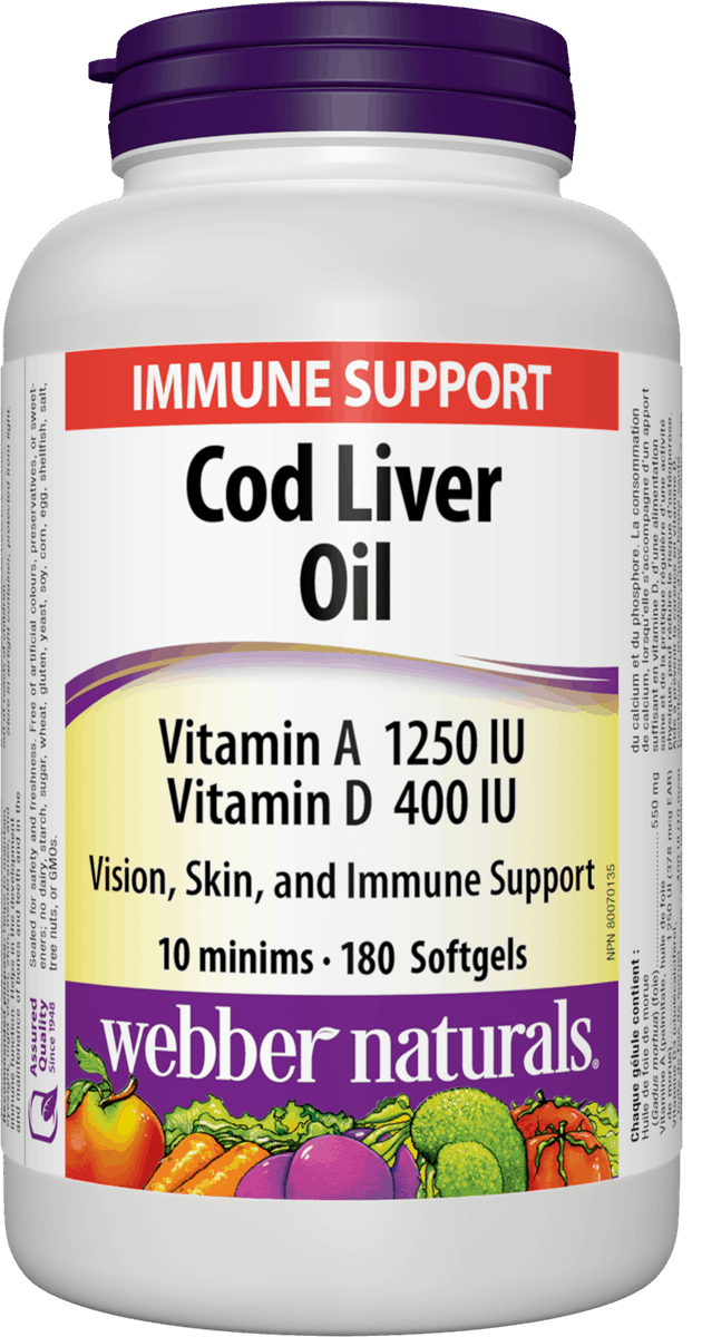 Webber Naturals Cod Liver Immune Support Vitamin A 1250 IU Vitamin D 400 IU - 180 Softgels - Simpsons Pharmacy