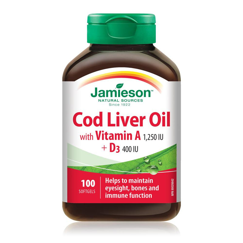 Jamieson Natural Sources Cod Liver Oil with Vitamin A 1250 IU + D3 400 IU - 100 Softgels - Simpsons Pharmacy