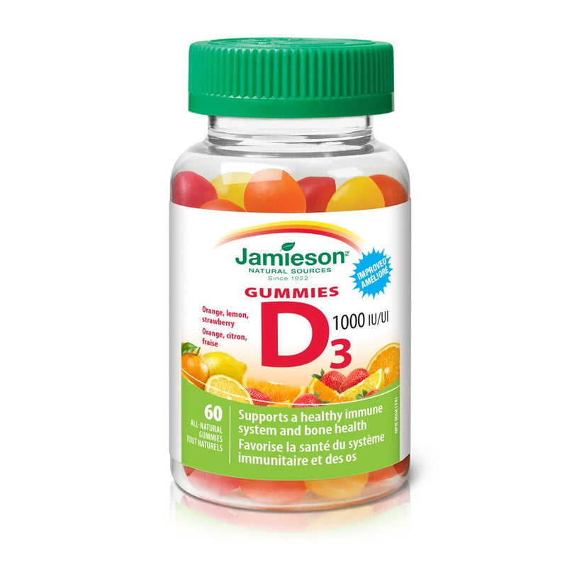 Jamieson Natural Sources Vitamin D3 Gummies 1000 IU/ UI Orange, Lemon, Strawberry Flavour - 60 All Natural Gummies - Simpsons Pharmacy