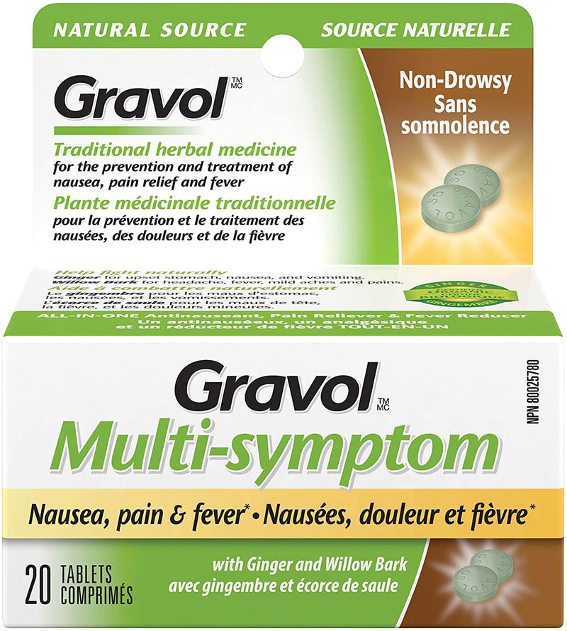 Gravol Multi-Symptom Nausea, Pain & Fever Relief Ginger & Willow Bark - 20 Tablets - Simpsons Pharmacy