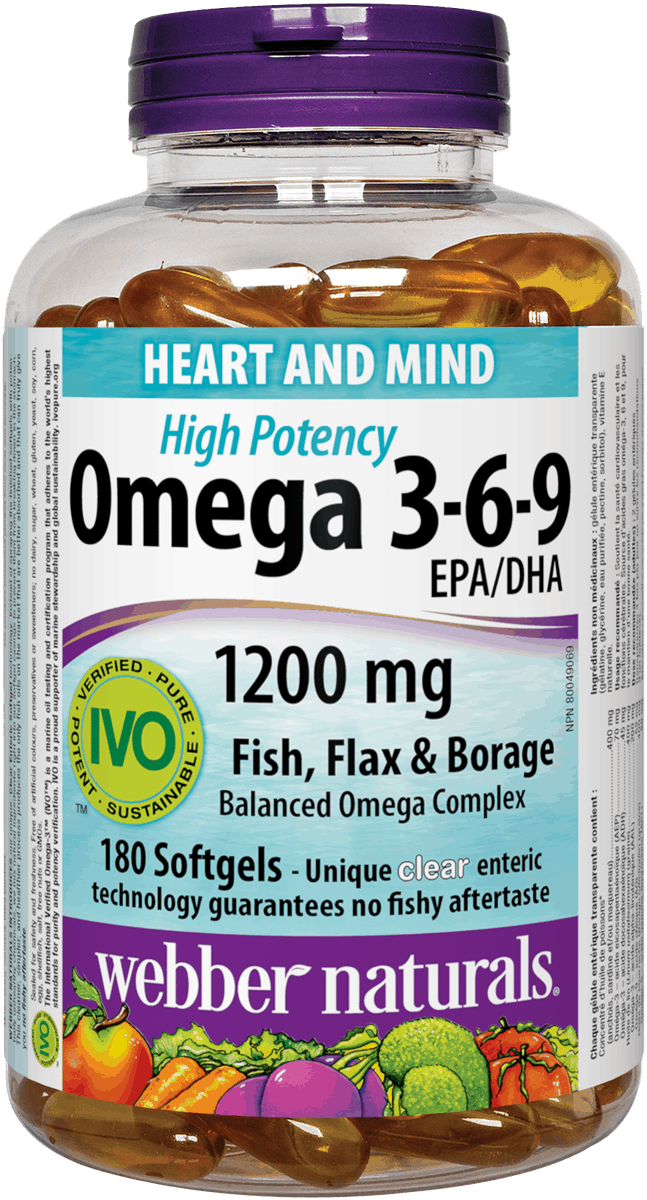 Webber Naturals Omega-3-6-9 High Potency 1200mg Fish, Flax, & Borage 180 Softgels - Simpsons Pharmacy