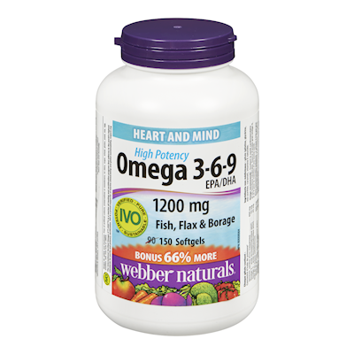 Webber Naturals Omega 3-6-9 High Potency 1200mg Fish, Flax, & Borage - 150 Softgels - Simpsons Pharmacy