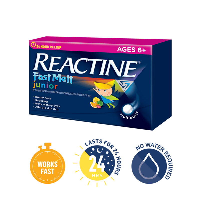 Reactine Junior Fast Melt Allergy Relief Fruit Burst Flavour - 12 Orally Disintegrating Tablets - Simpsons Pharmacy