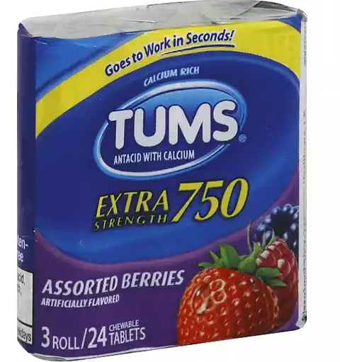 Tums Extra Strength Antacid 750mg Berry Flavoured Chews - 3 Rolls of 12 Tablets - Simpsons Pharmacy